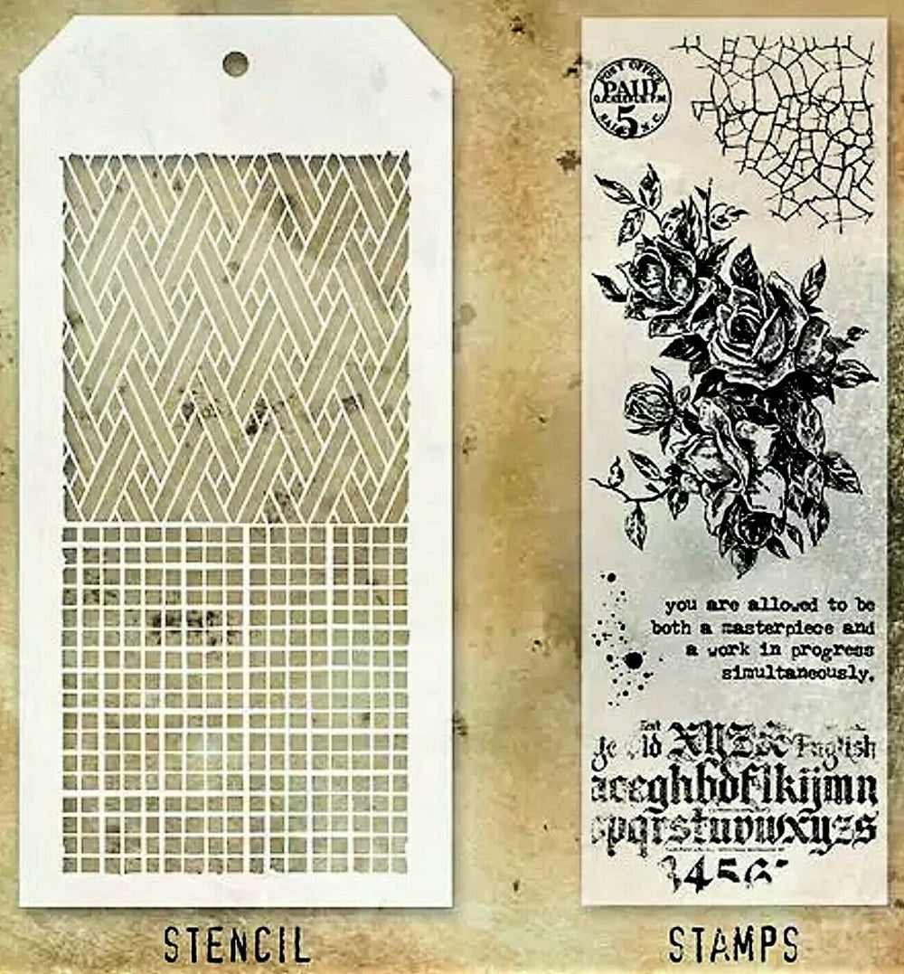Stamper's Anonymous Tim Holtz Basketweave Checkerboard Vintage Roses Mixed Media Stamp and Stencil Set THMM119
