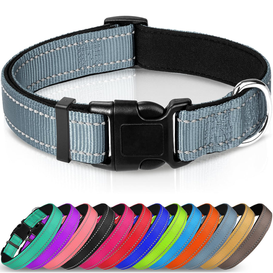Reflective Dog Collar,Soft Neoprene Padded Breathable Nylon Pet Collar Adjustable for Extra Large Dogs,Gray,XL