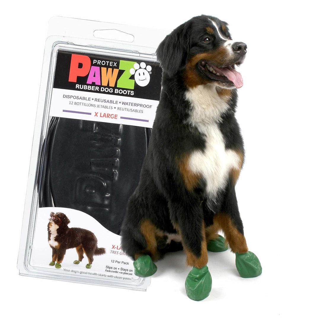 PawZ Rubber Dog Boots for Paws 4 and Up, 12 Pack - All-Weather Dog Booties for Hot Pavement, Snow, Mud, and Rain - Waterproof, Anti Slip Dog Socks - X-Large, Black