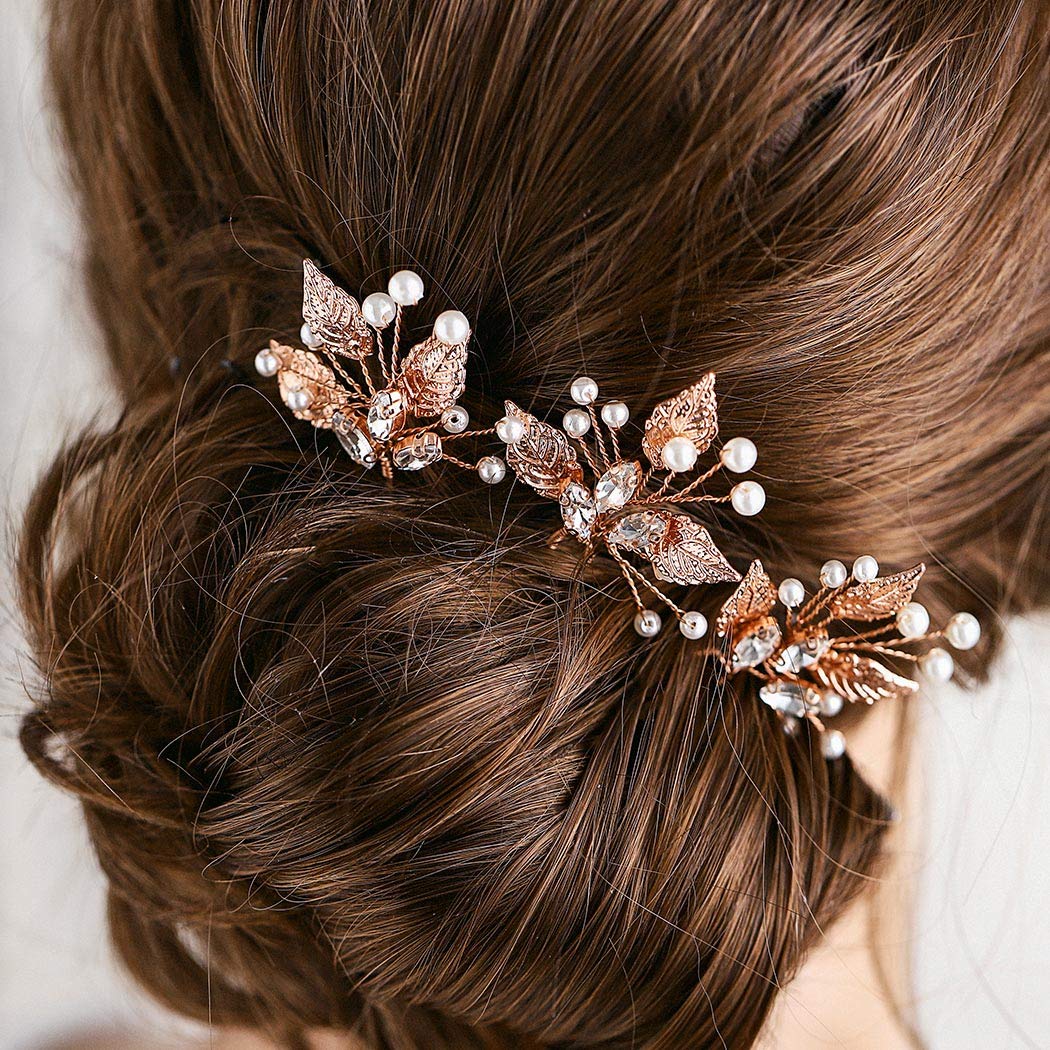 Bride Wedding Crystal Hair Pins Leaf Bridal Rose Gold Hair Pieces Wedding Pearl Hair Accessories for Women and Girls Pack of 3