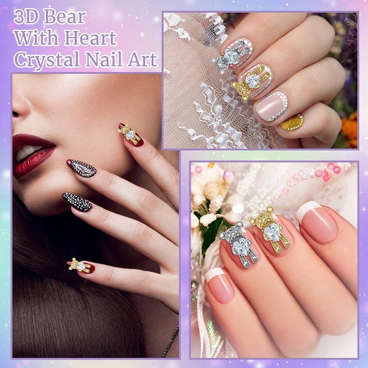 50 Pieces 3D Bear Nail Art Decoration Cute Bear Nail Charm Rhinestone Bear Manicure Decoration Diamond Bear Nail Charm 3D Alloy Nail Art Decoration for Women DIY Nail Art Design, Gold and Silver
