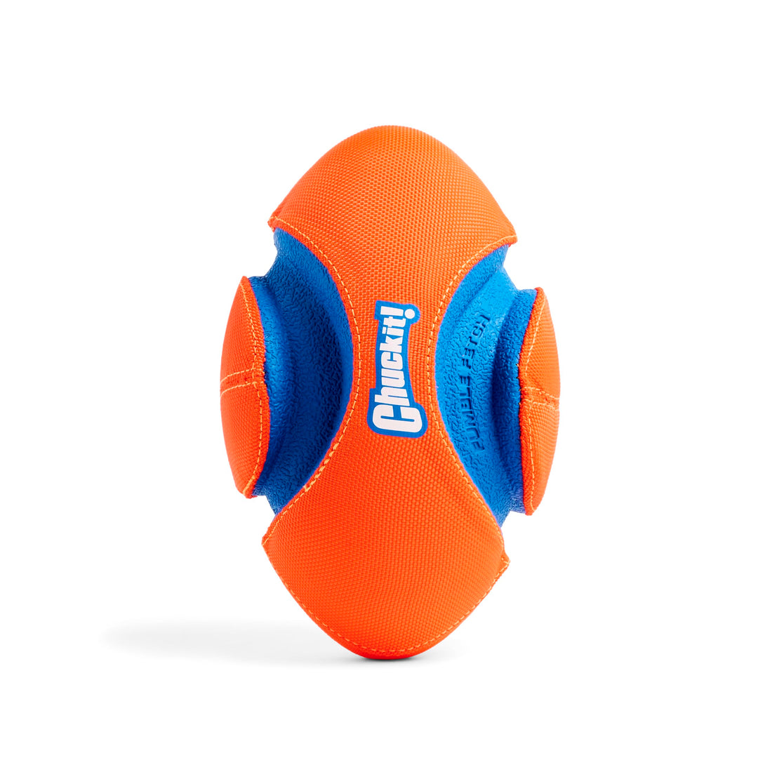 Fumble Fetch Dog Football - Outdoor and Indoor Interactive Dog Toy with Grooved Design for Easy Pickup - Made from Durable Rubber - Floats in Water - Small - Orange and Blue