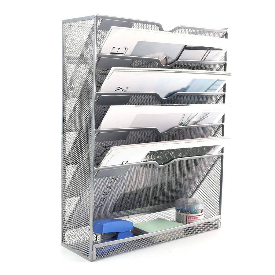Wall File Organizer Mesh 5 Tier Vertical Hanging File Folders Holder Rack for Office Home,Silver