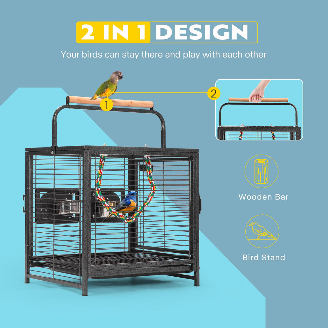 19 Inch Wrought Iron Bird Travel Carrier Cage for Parrots Conures Lovebird Cockatiel Parakeets Black