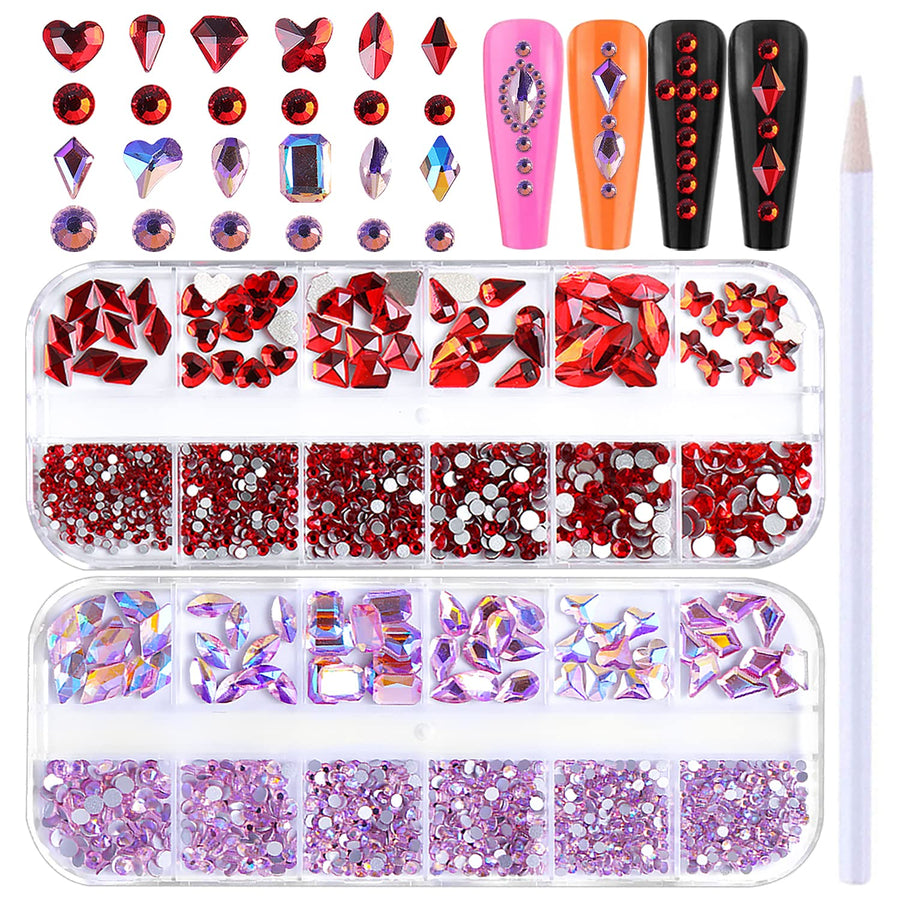 2 Box Nail Gems And Rhinestones Set Flatback Ruby Red And Pink Nail Rhinestones For Nails Round Nail Diamonds And Big Nail Rhinestones Mix-Shapes Nail Art Rhinestones For Acrylic Nails Women