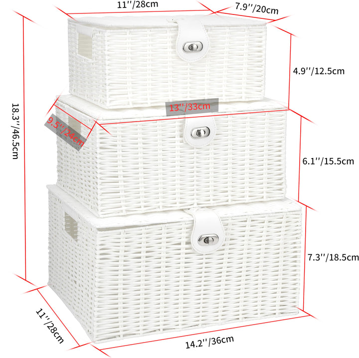 White Wicker Storage Baskets - Set of 3 Decorative Nesting Boxes with Lids, Woven Basket with Lock & Handle, Organizer for Beauty Makeup Bathroom Decor