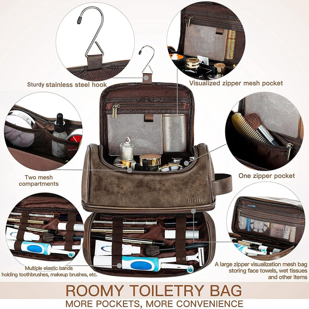 Toiletry Bag, Mens Leather Travel Organizer Kit with hanging hook, Large Water-resistant Toiletries Bathroom Shaving Bags for Women (Coffee)