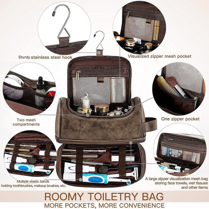 Toiletry Bag, Mens Leather Travel Organizer Kit with hanging hook, Large Water-resistant Toiletries Bathroom Shaving Bags for Women (Coffee)