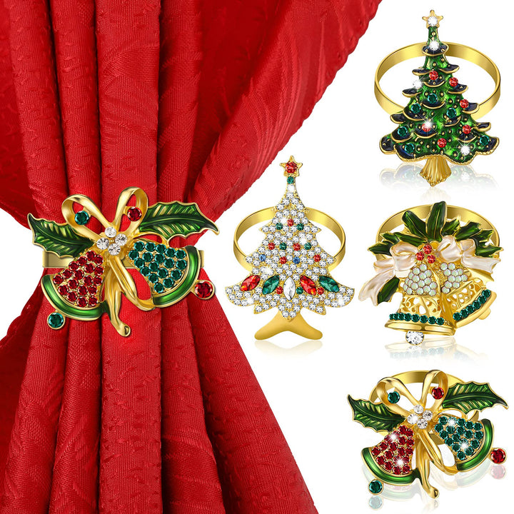 Christmas Napkin Rings Christmas Tree Napkin Ring Xmas Bell Napkin Ring Xmas Napkin Holder Metal Rhinestone Napkin Ring Serviette Buckle for Christmas Holiday Party Dinner Table Decor (Classic, 4 Pcs)