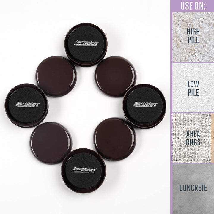 2 1/2 Round Reusable Furniture Sliders for Carpet - Effortless Moving and Surface Protection, Brown (8 Pack)