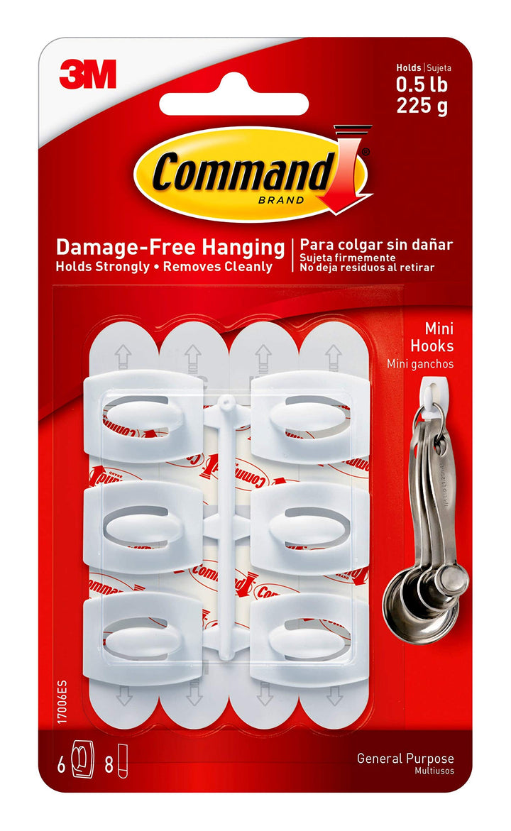 0.5 lb Capacity Mini Hooks, Indoor Use, 6 Hooks, 8 Strips, White (17006-ES)