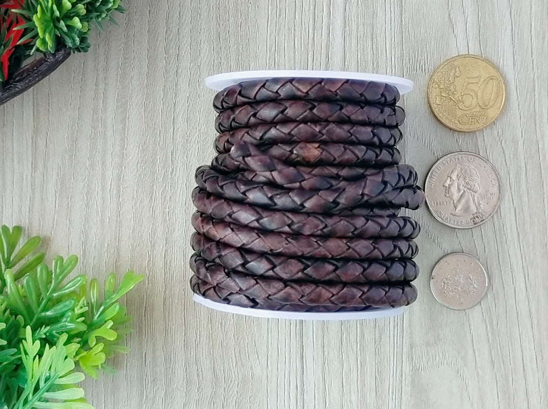 Round Braided Genuine Leather String Bolo Cord, Rope for Jewelry Making, Necklaces, Bracelets, Wraps, Crafts and Hobby Projects (Distressed Dark Brown, 5 MM 5.46 Yards = 5 MTR Spool)