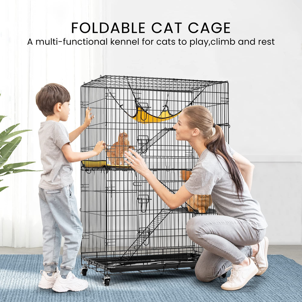 4-Tier 49 Inch Collapsible Metal Cat Kitten Ferret Cage 360° Rotating Casters Enclosure Pet Playpen with Ramp Ladders Hammock and Bed Black