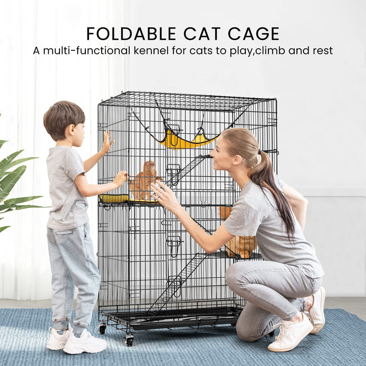 4-Tier 49 Inch Collapsible Metal Cat Kitten Ferret Cage 360° Rotating Casters Enclosure Pet Playpen with Ramp Ladders Hammock and Bed Black
