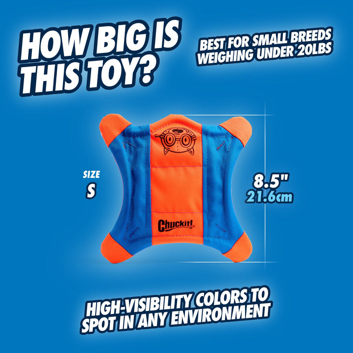 Flying Squirrel Fetch Dog Toy - Water Floating Flyer - Soft and Durable Polyester Canvas Construction - For Small Dogs - Size Small - 8.25-inch Diameter - Pack of 1 - Orange and Blue