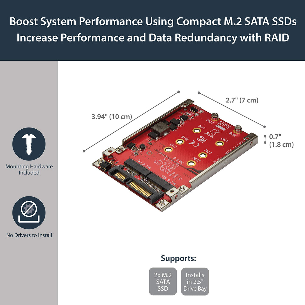M.2 to SATA Adapter - Dual Slot - for 2.5in Drive Bay - RAID - M.2 SSD - M.2 Adapter - M.2 SSD Adapter (S322M225R),red