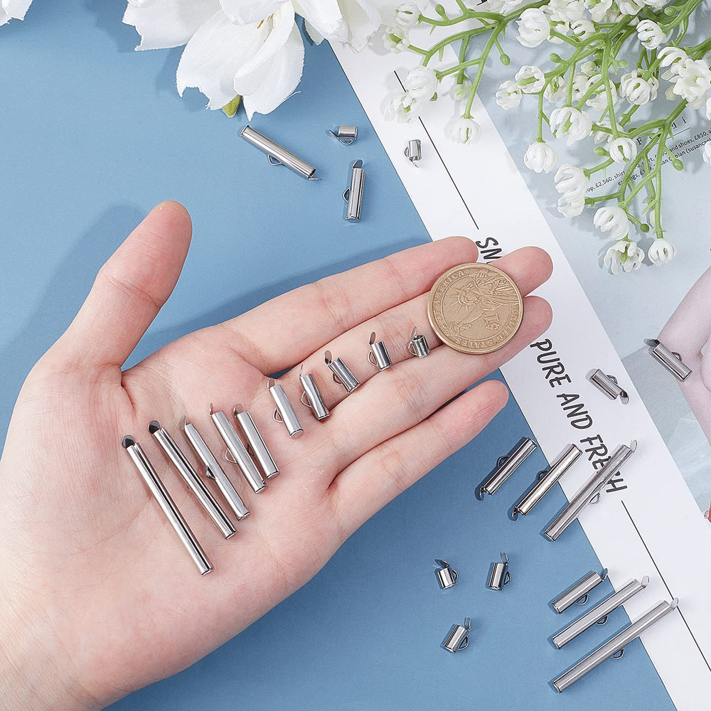 About 100pcs 10 Sizes Slide On End Clasp Tube Buckle Clasps Stainless Steel Slider End Caps Clasps Jewelry Accessories Findings, Stainless Steel Color 6-40mm Long