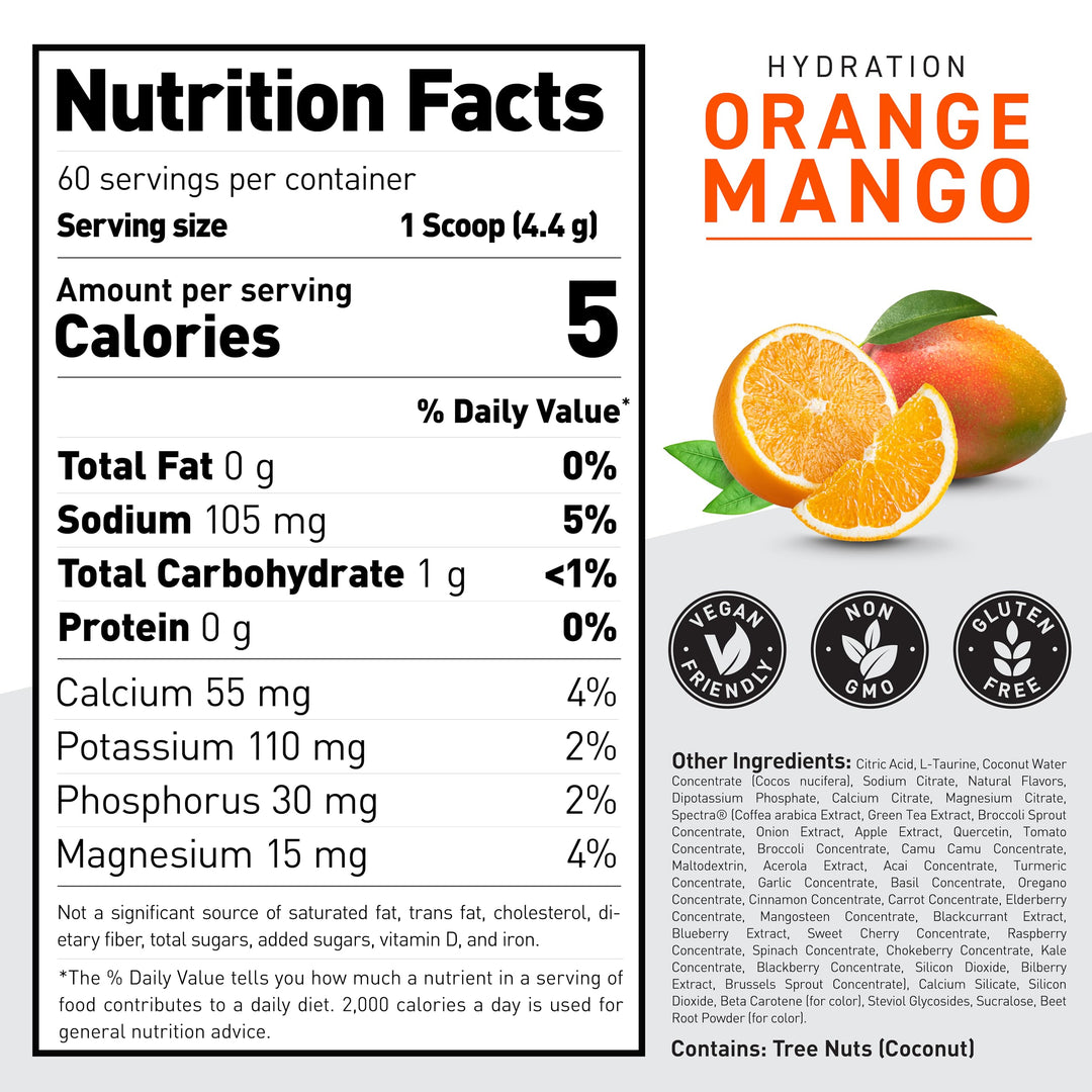 Electrolyte Hydration Powder | Hydracharge Orange Mango | Sports Drink for Men and Women | Pre, Post, Intra Workout Supplement | 60 Servings