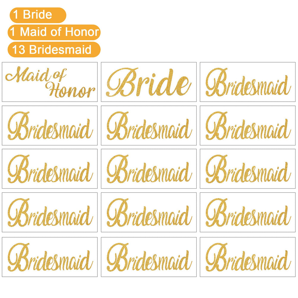 15 Pieces Gold Bridal Heat Transfer Iron Bridesmaid Maid of Honor Heat Transfer Letters Decal Heat Transfer on Vinyl Stickers HTV for T-Shirt Wedding Bags Clothes Shower Party Gold Glitter Letters