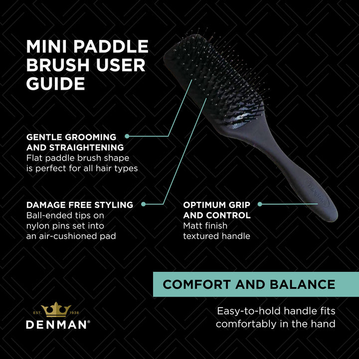 (Black) Mini Paddle Cushion Hair Brush for Blow Drying, Detangling & On the Go Travel - Comfortable Styling, Straightening & Smoothing - For Women and Men, D84
