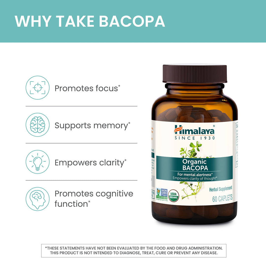 Organic Bacopa Monnieri Nootropic Herbal Supplement, Supports Calm, Memory, Cognition, USDA Certified Organic, Non-GMO, 750 mg, 60 Plant-Based Caplets, 60 Day Supply