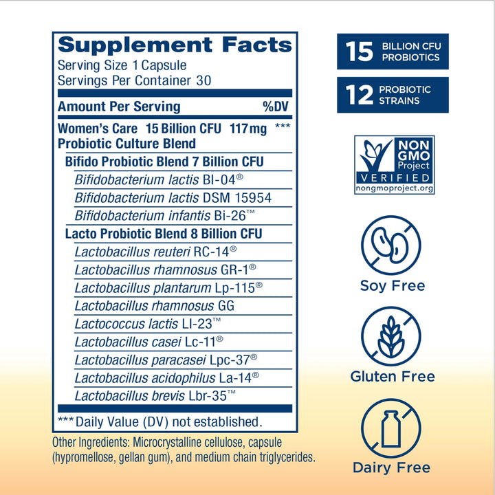 Women's Probiotic Capsules, Supports pH Balance for Women, Vaginal, Urinary, Digestive and Immune Health, L. Rhamnosus GG, Dairy, Soy and Gluten-Free, 15 Billion CFU - 30 Ct