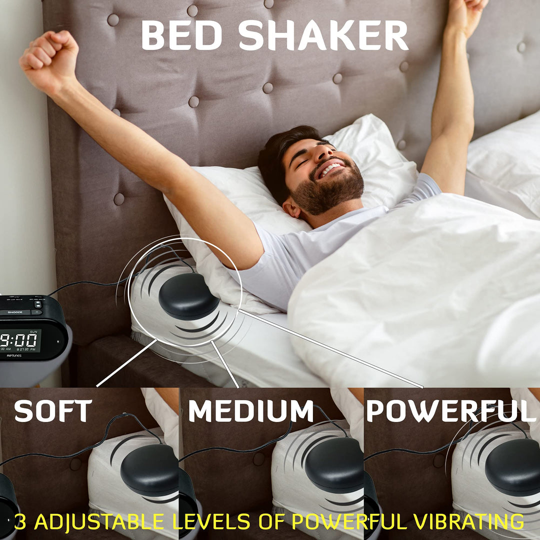 Loud Alarm Clock with Bed Shaker for Heavy Sleepers, Vibrating Alarm Clock for Hearing impaired, Dual Alarm Clock for Bedroom with Vibrating Bed Shaker USB Charging Port, Dimmer, Snooze