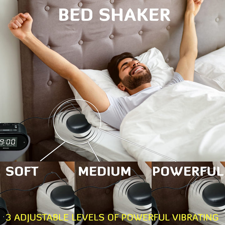 Loud Alarm Clock with Bed Shaker for Heavy Sleepers, Vibrating Alarm Clock for Hearing impaired, Dual Alarm Clock for Bedroom with Vibrating Bed Shaker USB Charging Port, Dimmer, Snooze