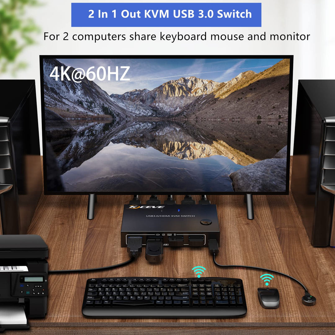 KVM Switch 2 Ports, HDMI USB KVM Switcher Support Keyboard Hotkey Switch Way, for 2PC Share One Keyboard Mouse and Monitor, HUD 4K (3840x2160) Supported
