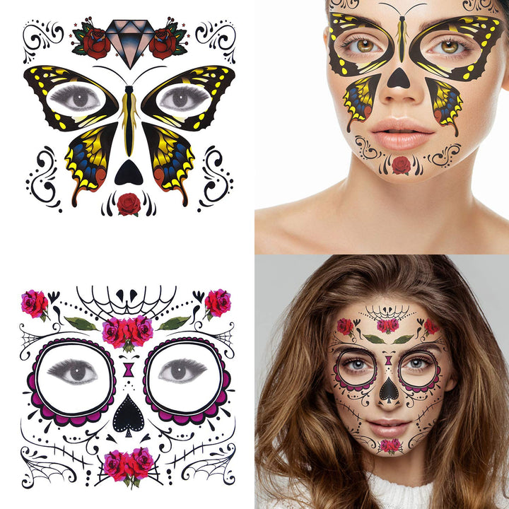 12 Pack Day of the Dead Sugar Skull Temporary Face Tattoo Halloween Makeup Tattoo for Men and Women