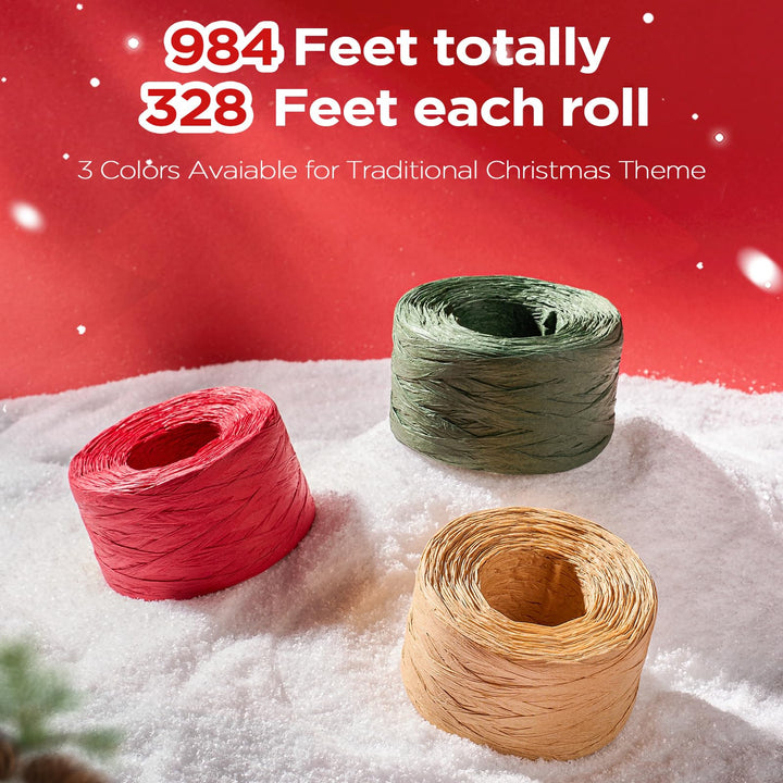3 Roll Raffia Ribbon String, 984 Feet Christmas Gift Wrapping Raffia Paper String Ribbon Packing Paper Twine for Craft DIY Supply Christmas, 328Feet Each Roll