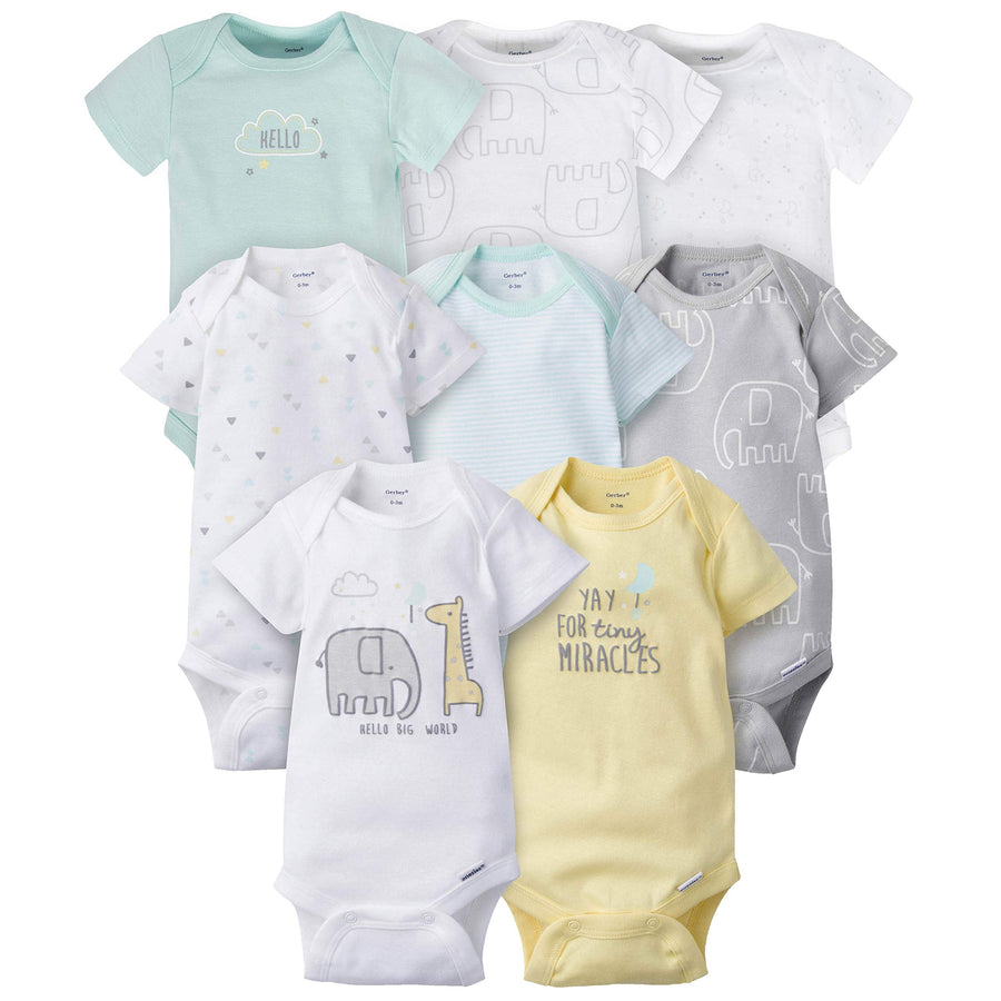 Baby 8-Pack Short Sleeve Onesies Bodysuits, Animals Green, Newborn