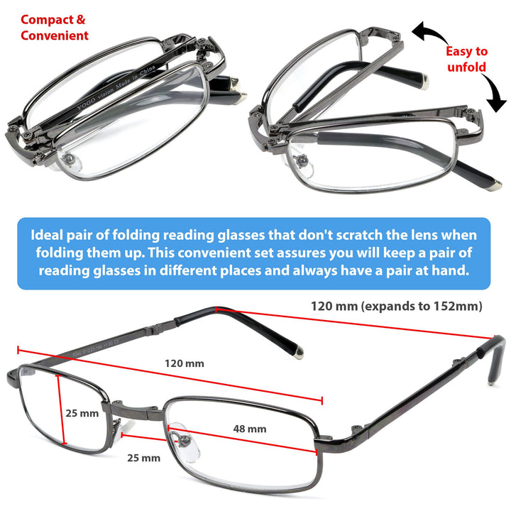Reading Glasses Set of 2 Fashion Folding Readers with Leather Cases Brown and Gunmetal Glasses for Reading for Men and Women Set of Gunmetal and Brown 1.75