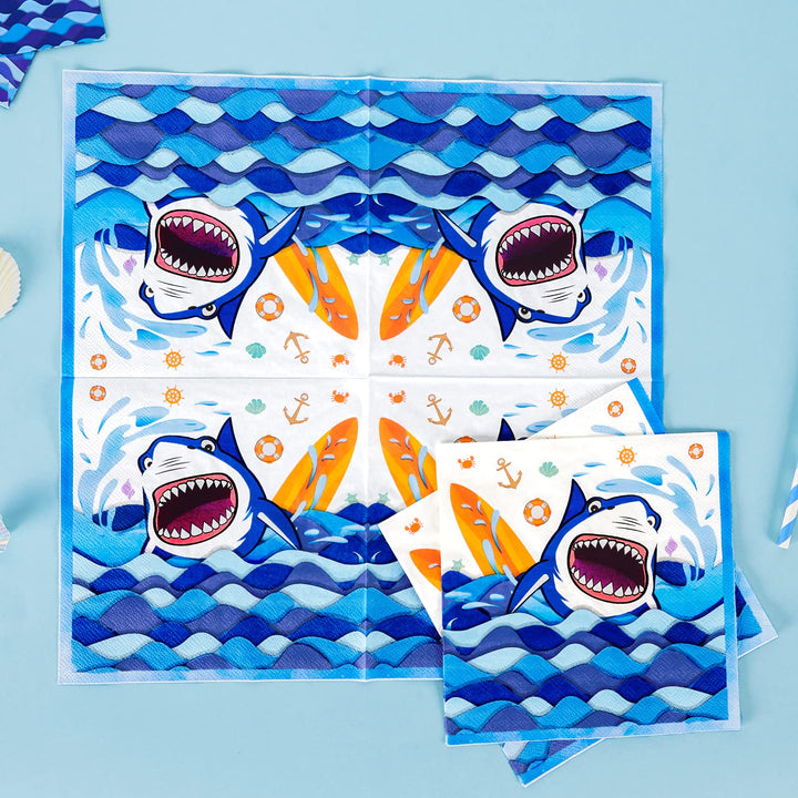 Shark Party Supplies - Blue Ocean Shark Tableware Set for Boys Birthday Baby Shower Pool Party Dinner Dessert Plates and Napkins Serves 16 Guests 48 Pieces