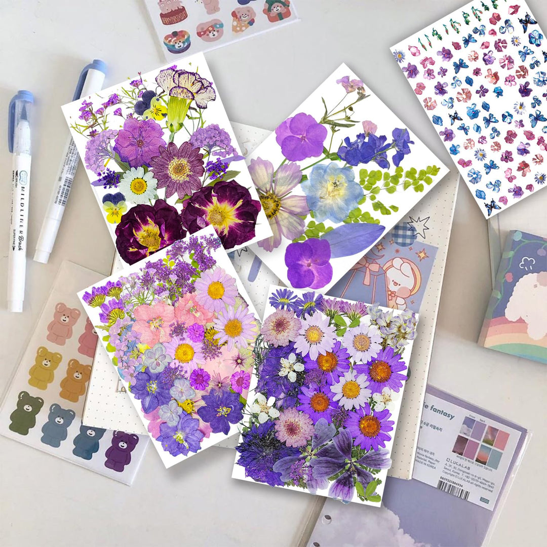 150PCS Purple Dried Pressed Flowers with Butterfly Stickers - Real Nature Flowers Set for Resin DIY Jewelry Candle Soap Vase Making Nail Card Scrapbook Art Craft Floral Decors