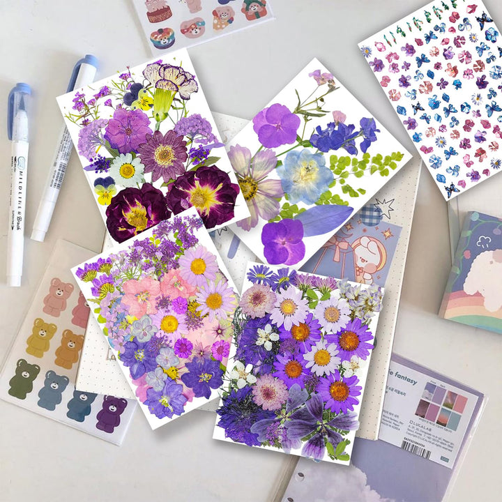 150PCS Purple Dried Pressed Flowers with Butterfly Stickers - Real Nature Flowers Set for Resin DIY Jewelry Candle Soap Vase Making Nail Card Scrapbook Art Craft Floral Decors