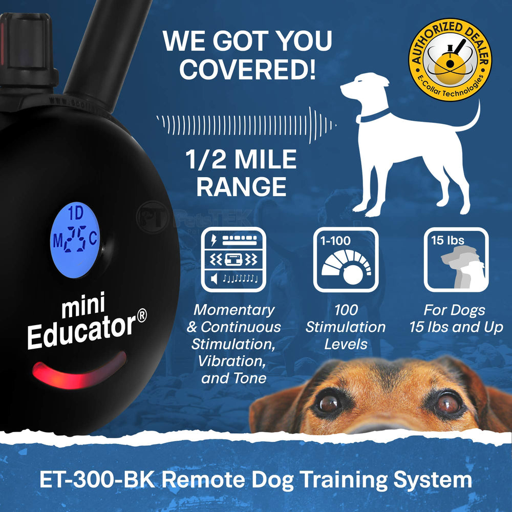 - ET-300 Black - Ecollar Dog Training Collar with Remote Control - 1/2 Mile Range, Waterproof, Rechargeable, 100 Training Stimulation Levels, Vibration and Tone W/PetsTEK Training Clicker