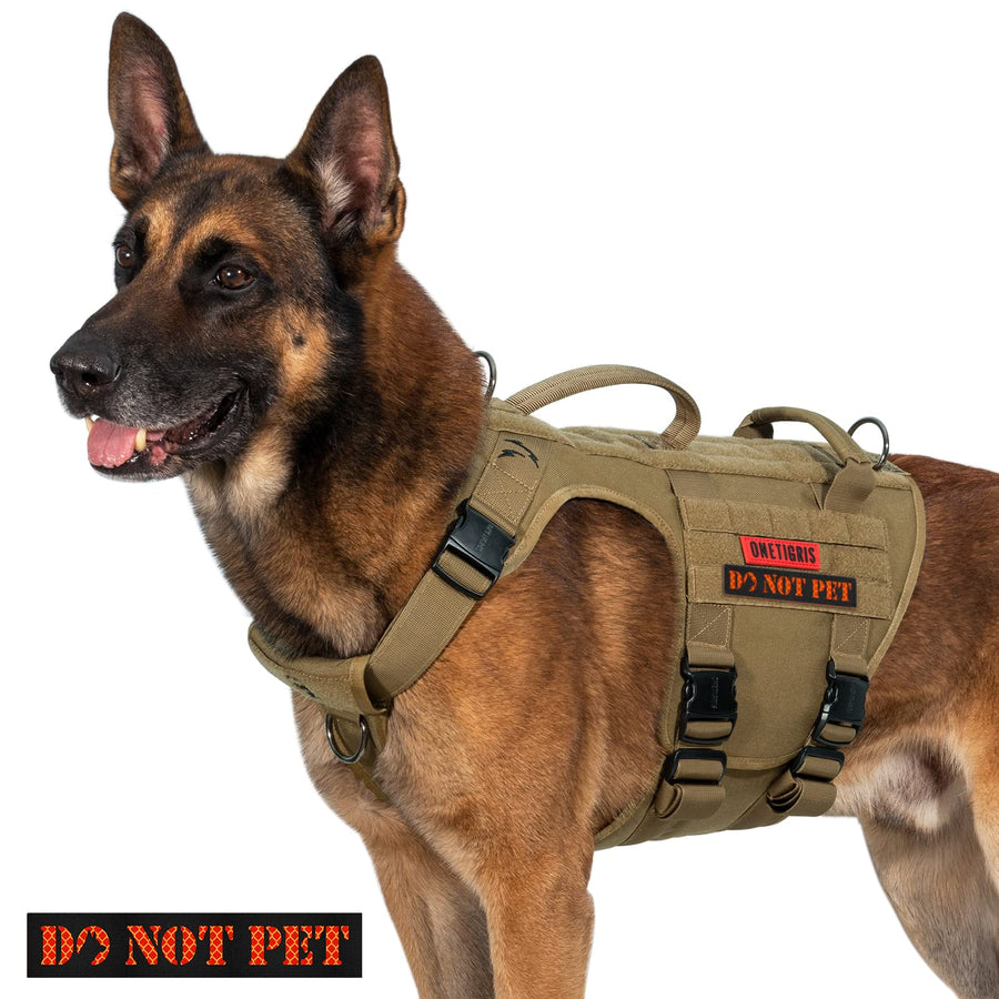 Tactical Large Dog Harness, Full Metal Buckled No Pull Dog Harness Vest with Hook & Loop Panels, Military Adjustable Easy to Put On Dog Vest for Walking Hiking Training Brown
