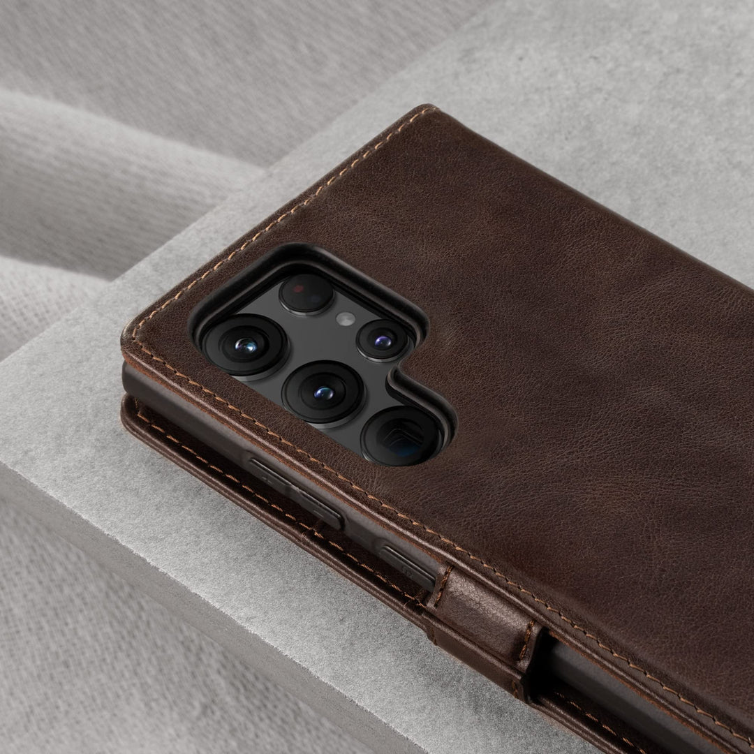 Case Compatible with Samsung Galaxy S22 Ultra 5G – Premium Leather Wallet Case with Kickstand and Card Slots (Dark Brown)