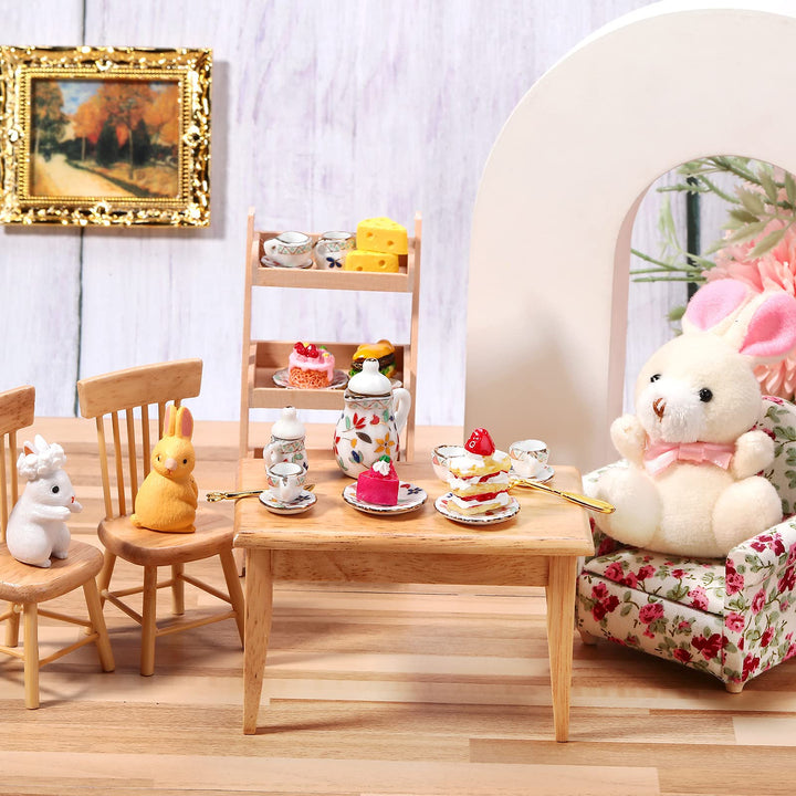 2 Set 1:12 Dollhouse Miniature Porcelain Tea Cup 30 Pieces Mini Flowers Pattern with Golden Trim Teapot Cup Plate Dollhouse Kitchen Accessories (Charming Style)
