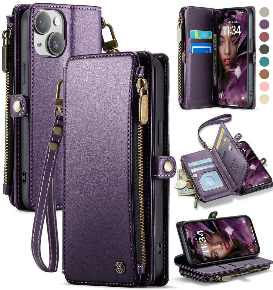 Compatible with iPhone 13 Case Wallet with Card Holder for Women and Men, PU Leather Magnetic Snap Flip Zipper Strap Wallet Phone Case Fit for iPhone 13 6.1, Fashion Black