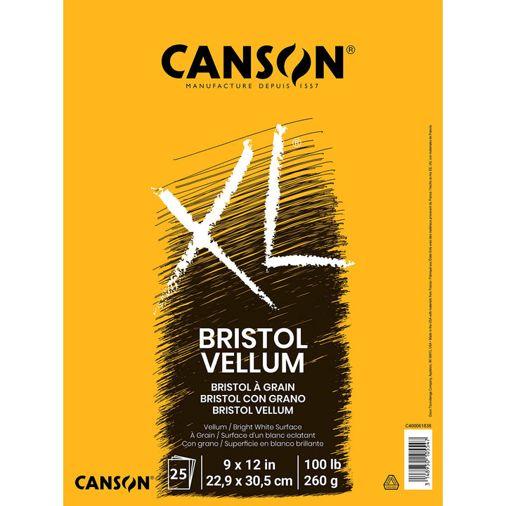 XL Series Bristol Paper, Vellum, Foldover Pad, 9x12 inches, 25 Sheets (100lb/260g) - Artist Paper for Adults and Students - Charcoal, Pen and Ink, Marker, and Pastel