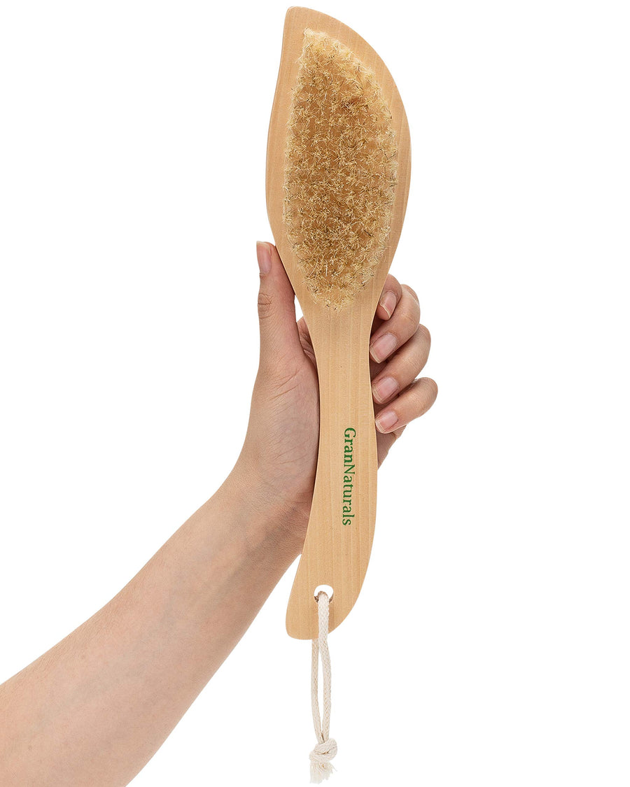 Dry Skin and Body Brush - 11.4 Inches - Improve Blood Circulation, Exfoliate Skin, Reduce Cellulite - Curved Natural Bristle Exfoliating Brush for Back, Legs, Feet