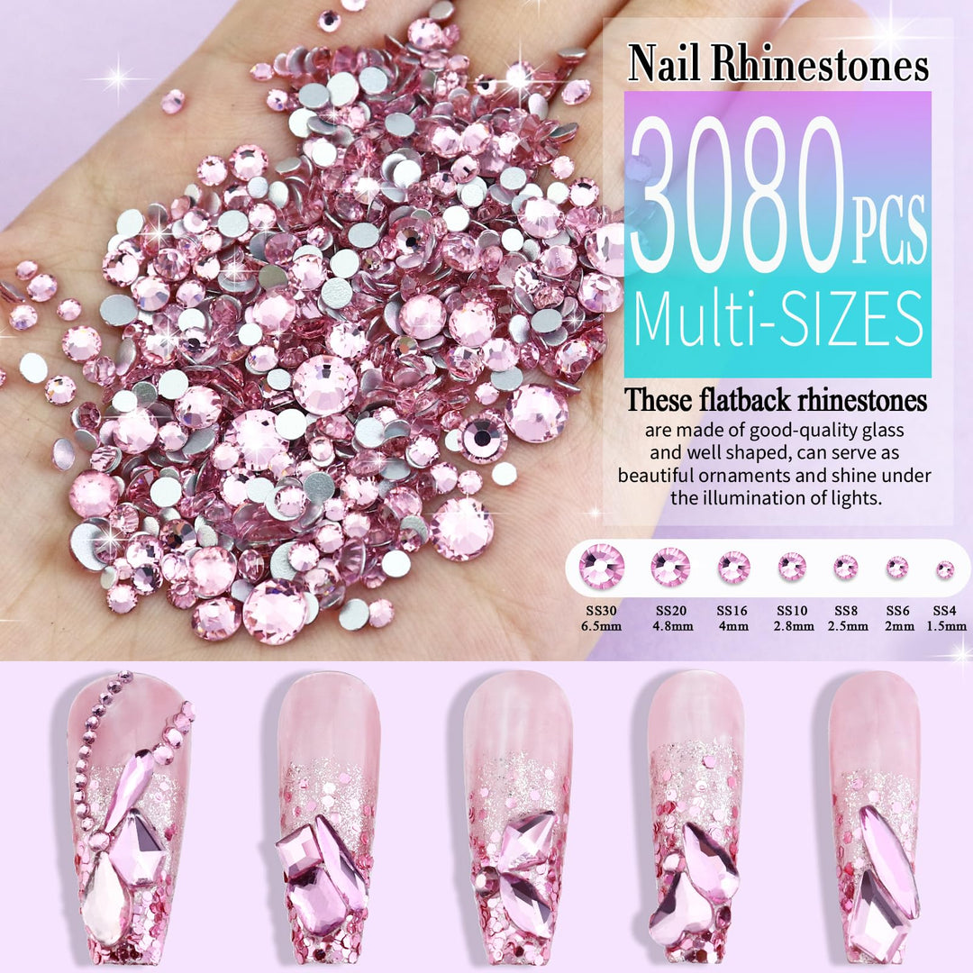 Flatback Glass Crystal Rhinestones for Nails, Multi 3D Shapes Crystals Nail Art Rhinestone Set (Light Pink)