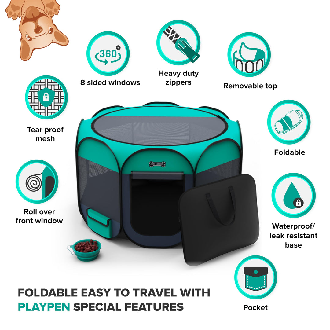 Ruff 'N Ruffus Portable Foldable Pet Playpen + Carrying Case & Collapsible Travel Bowl | Indoor/Outdoor use | Water Resistant | Removable Shade Cover (Extra Large)
