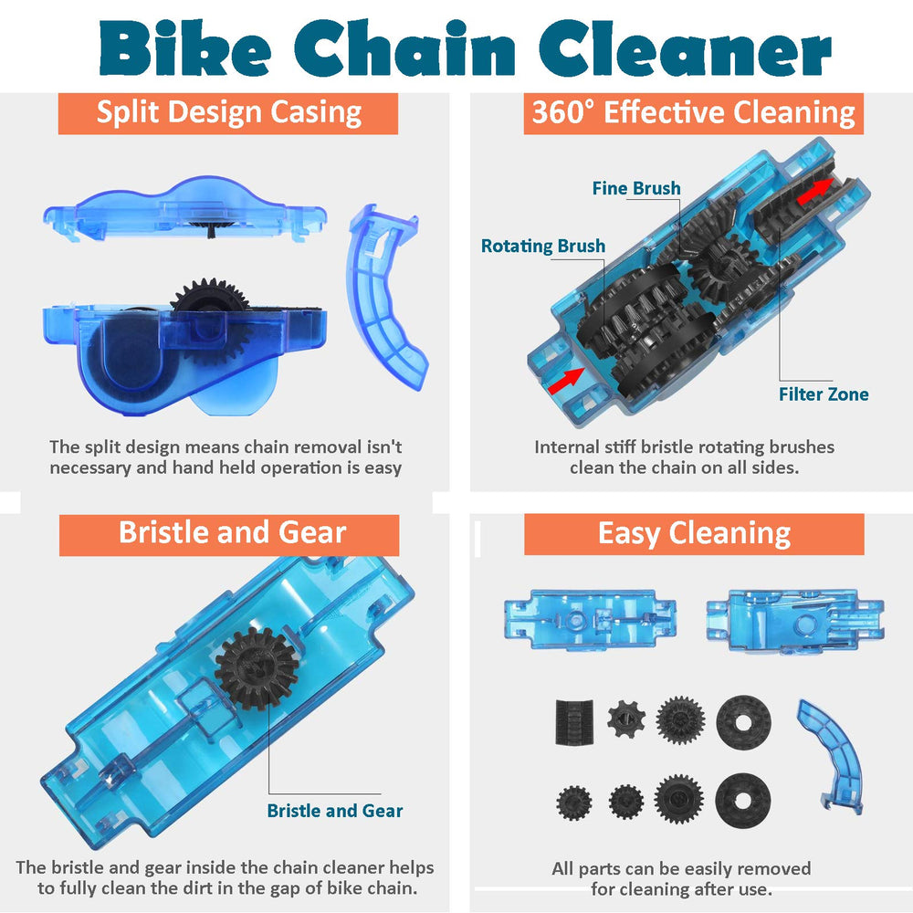 Bike Chain Cleaner, Bike Cleaning Kit, Chain Cleaner for Cycling, Suitable for Mountain Bike, Road Bike, BMX, Bicycle Cleaning Brush Tool for Drivetrain, Gear, Cassette, Sprockets, 4 Piece Set