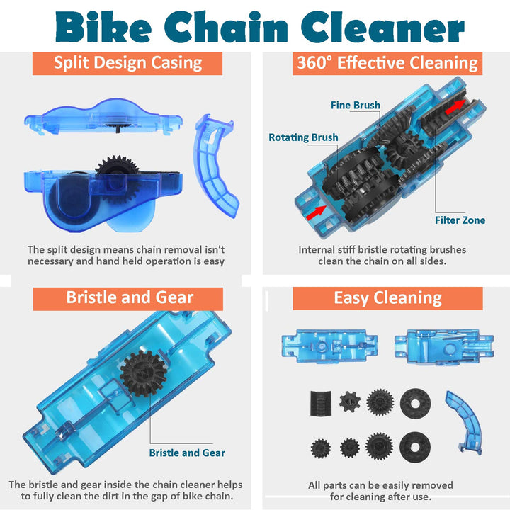 Bike Chain Cleaner, Bike Cleaning Kit, Chain Cleaner for Cycling, Suitable for Mountain Bike, Road Bike, BMX, Bicycle Cleaning Brush Tool for Drivetrain, Gear, Cassette, Sprockets, 4 Piece Set