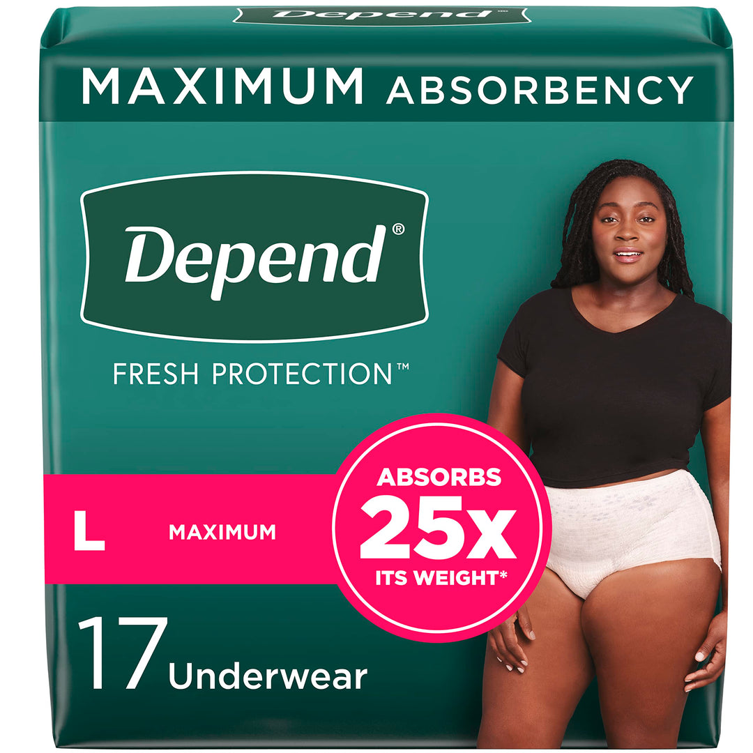 Depend FIT-FLEX Incontinence Underwear for Women, Disposable, Maximum Absorbency, Large, Blush, 17 Count