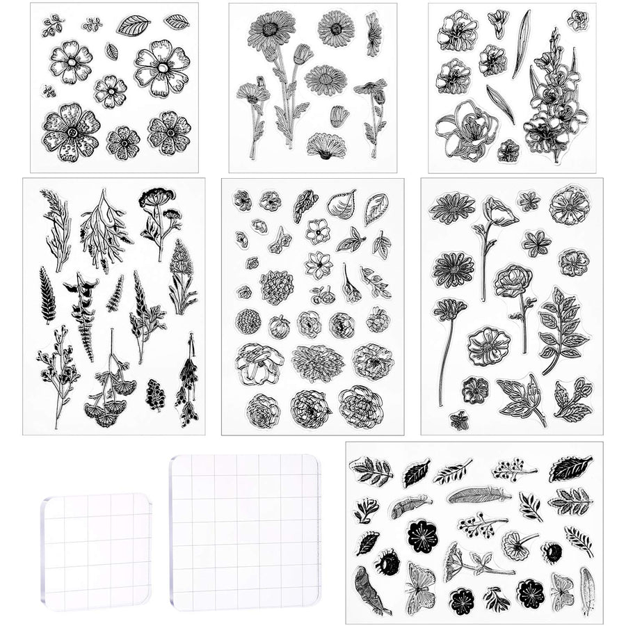 9 Pieces Flower Series Clear Stamp Crafts Flowers Silicone Stamps and Acrylic Stamp Blocks Tools with Grid Lines for Card Making Decor DIY Scrapbooking (Transparent)