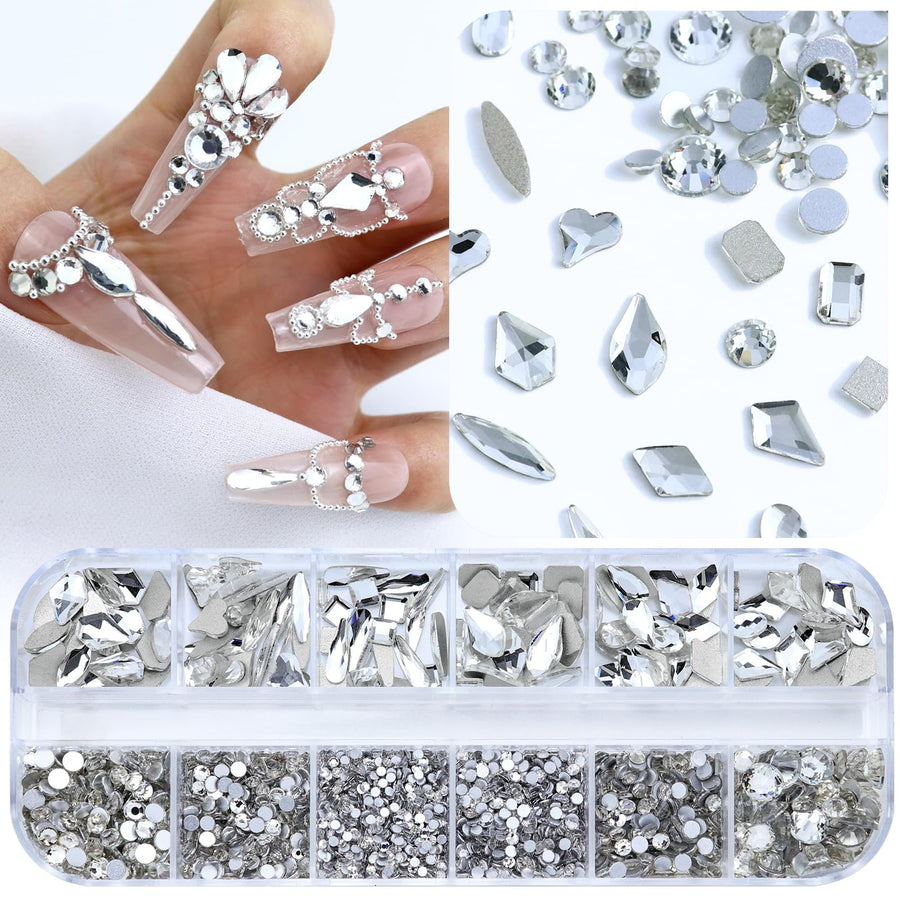 3200 Pieces Multi Shapes Glass Flatback Crystal Rhinestones for Nail Art Craft, Flatback Rhinestone 3D Decorations Flat Back Crystal Stones Gems Set (Crystal Clear/White)